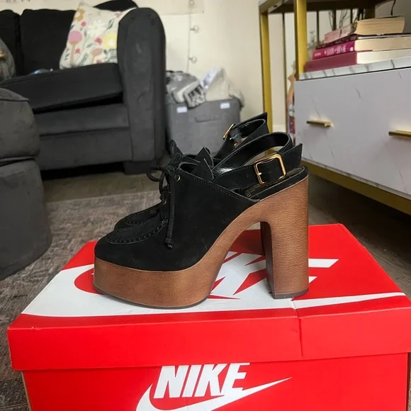 NWOT Vince Camuto Inerta Leather High Heel Platform Slingback Black Clog - Picture 3 of 7